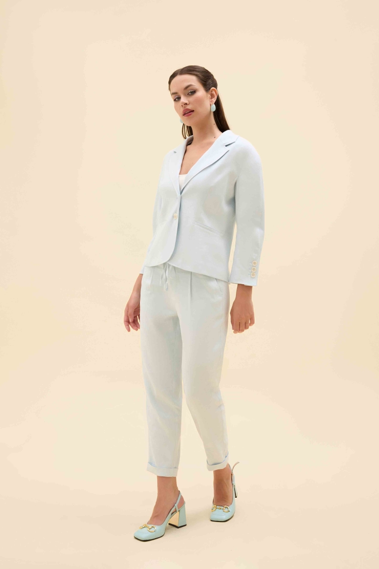 ARKASI GÜL DETAYLI KETEN BLAZER CEKET - 3