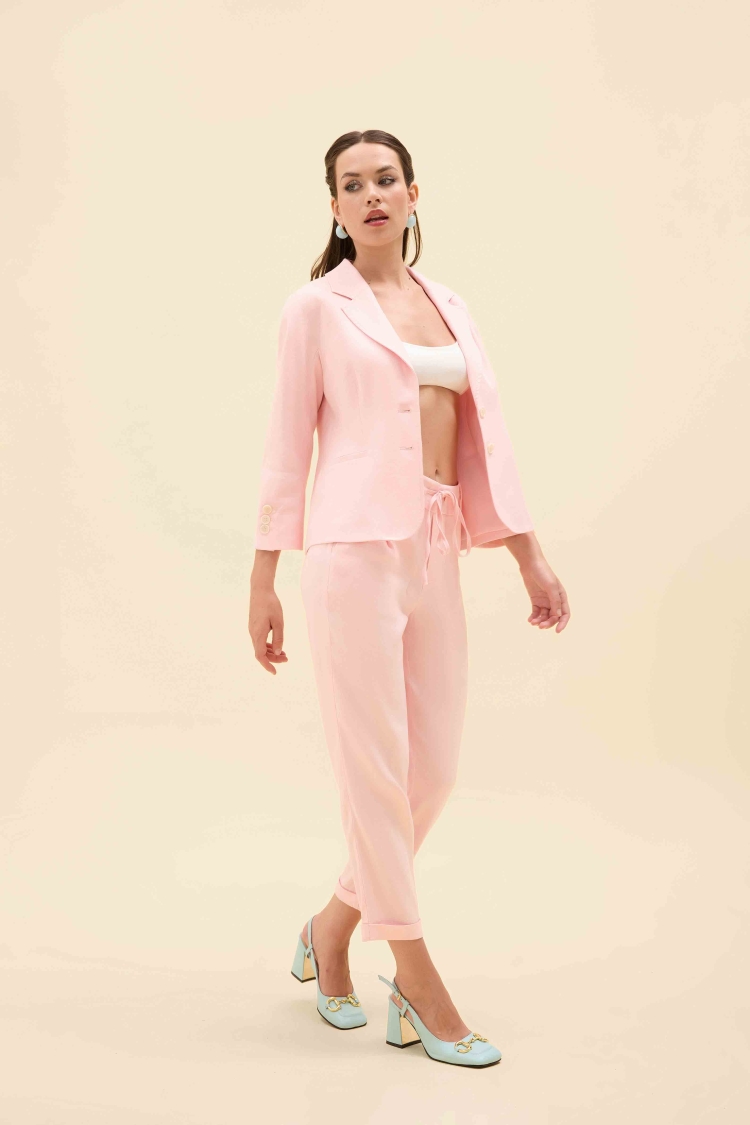 ARKASI GÜL DETAYLI KETEN BLAZER CEKET - 9