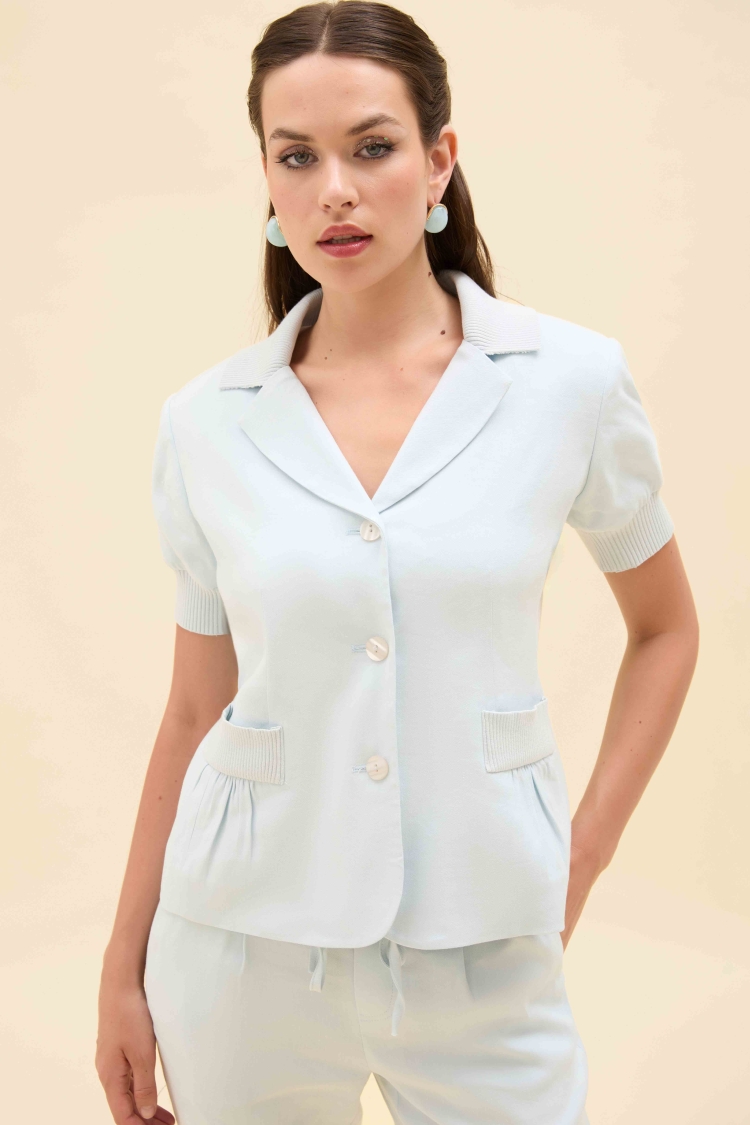 TRİKO DETAYLI KISA KOLLU KETEN BLAZER CEKET - 1