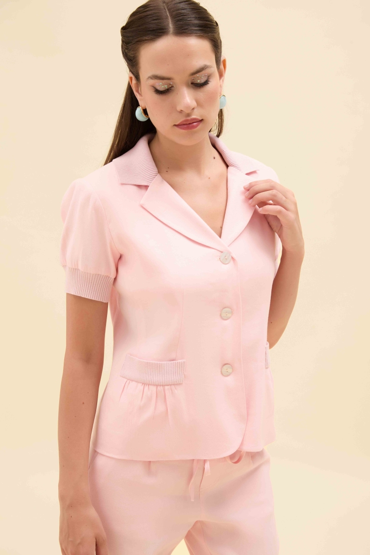 TRİKO DETAYLI KISA KOLLU KETEN BLAZER CEKET - 8