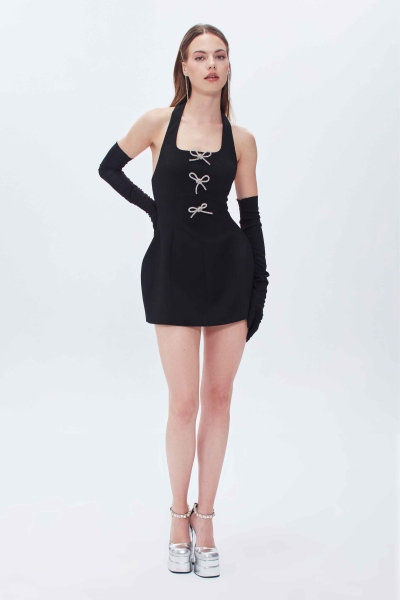 SIFIR KOL HALTER YAKA FITTED MİNİ ELBİSE - 14