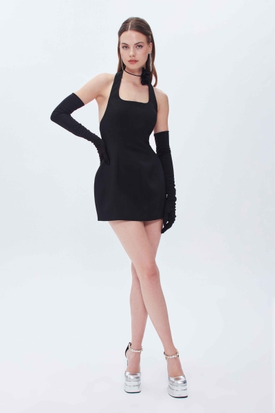 SIFIR KOL HALTER YAKA FITTED MİNİ ELBİSE - 13