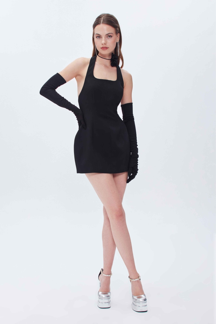 SIFIR KOL HALTER YAKA FITTED MİNİ ELBİSE - 13