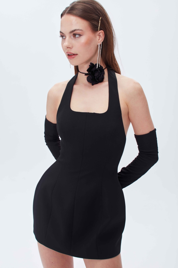 SIFIR KOL HALTER YAKA FITTED MİNİ ELBİSE - 12