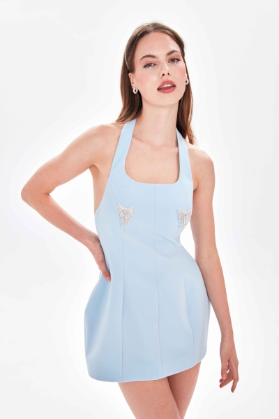 SIFIR KOL HALTER YAKA FITTED MİNİ ELBİSE - 5